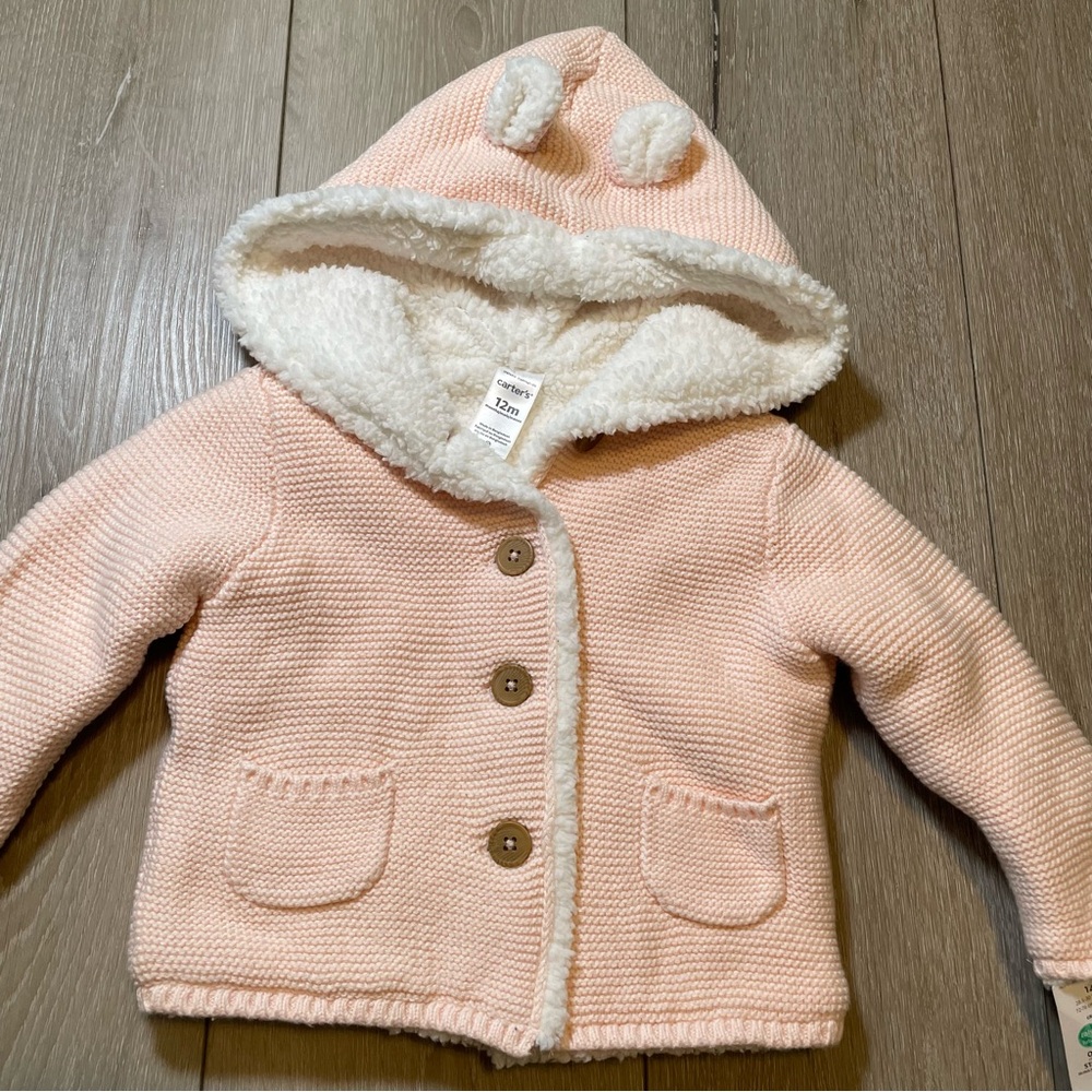 Carter's 12M‎ Baby Girl Pink Knit Sherpa Lined Hooded Cardigan Jacket Bear Ears - Picture 2 of 8